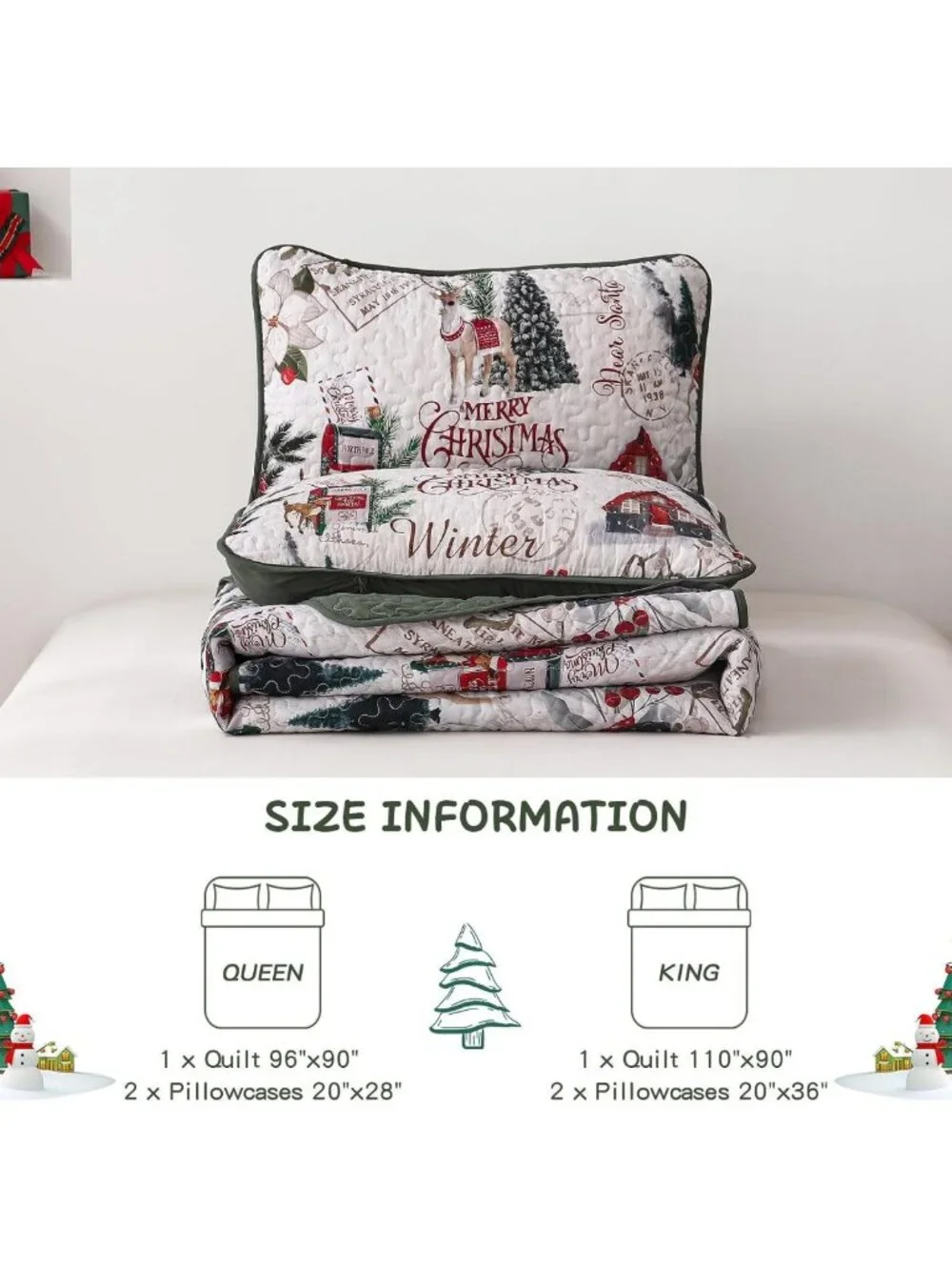 Cozy Christmas Quilt Set Queen - Festive Xmas Tree & Reindeer Bedding Decor